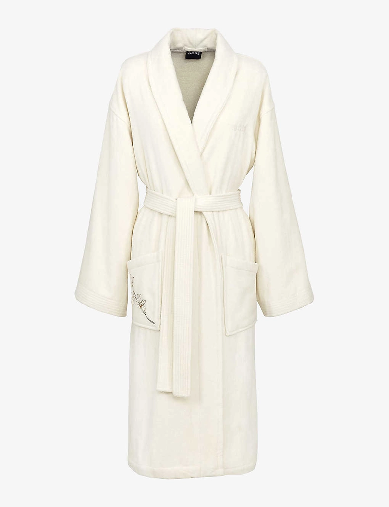 Hugo Boss Cream Almond Flowers Logo-embroidered Cotton Bath Robe M
